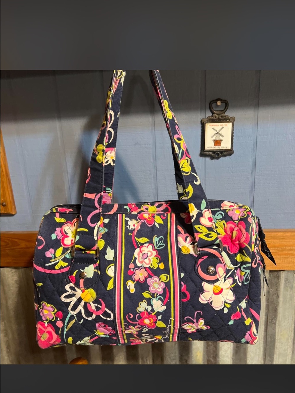 Vera Bradley Navy Quilted Floral shoulder bag retired Ribbons pattern